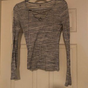 SO Gray and white Stripe Lace Up Long Sleeve Top